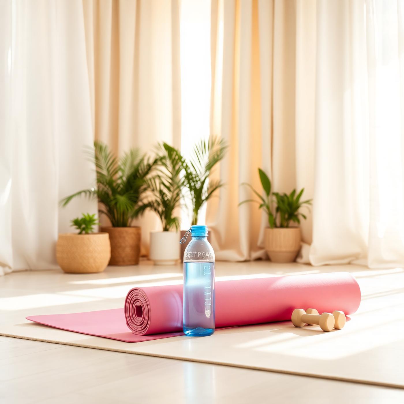 Calm morning wellness space with yoga mat and dumbbells